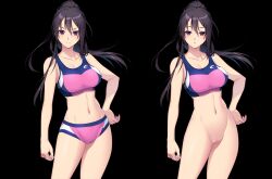 1girls angry athletic athletic_female before_and_after big_breasts bike_shorts black_hair brainwashing censored cleavage empty_eyes half-dressed half_naked hypnosis looking_at_viewer mikado_azusa mind_control navel ponytail purple_eyes pussy saimin_datsujo_2_~subete_ga_boku_no_jiyuu_ni_naru_sekai_e_youkoso~_mikado_azusa_hen sports_bra sports_shorts sportswear standing tight_clothing tight_shorts