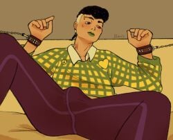 bite_mark clothed clothed_male cuffs erection handcuffed_to_bed handcuffs jojo's_bizarre_adventure jojolion josefumi_kujo lipstick looking_away male_focus piercing skate_louis solo_male