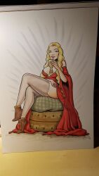 1girls a_song_of_ice_and_fire blonde_hair breasts cersei_lannister female female_only game_of_thrones nipple_slip sarah_con_hache seated sitting solo stockings thighhighs thighs wine_goblet