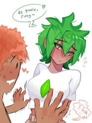 1girls alatus_l0ve battle_for_dream_island beige_pants big_breasts blush blush_lines cargo_pants crop_top embarrassed exposed_stomach female fireafy firey_(bfdi) green_eyes green_hair human humanized leafy_(bfdi) nervous_face nervous_sweat object_shows orange_hair shaking shaking_hands shivering short_hair short_sleeved_shirt short_sleeves sweat sweating tan_skin white_crop_top white_shirt