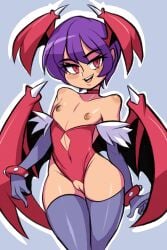 1girls adapted_costume bedroom_eyes bigdeadalive clothing darkstalkers exposed_pussy flat_chest head_wings lilith_aensland nipples purple_hair pussy seductive short_hair small_breasts solo solo_female stockings succubus thighhighs true_flat_chest