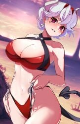 8husa beach beach_background beelzebub_(helltaker) bikini bikini_bottom bikini_top blush blush_lines blushed blushing_at_viewer demon demon_girl demon_horns demon_humanoid demon_tail demoness deviiitrigger ear_piercing ear_ring earring earrings freckles freckles_on_face heart_tail helltaker looking_at_viewer pointed_tail purple_eyes red_bikini red_bikini_bottom red_bikini_top red_eyes short_hair short_hair_female sunset