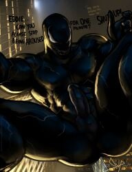 alien ass balls bara barazoku bgn dialogue english_text erection gay hard_on hi_res highres male male_focus male_only manly marvel marvel_comics muscular_male penis solo solo_male spider-man_(series) symbiote text venom venom_(marvel) yaoi