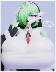 3d big_breasts bom39 breasts gardevoir huge_breasts nun_gardevoir_(cervina7) peace_sign pokemon pokemon_(species) tagme tongue_out