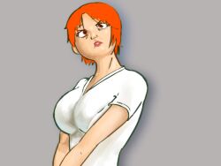 angry anime big_breasts clothing female female_only huge_breasts light-skinned_female mouthgg nami nami_(one_piece) one_piece orange_hair pre-timeskip red_eyes squeezing_breast