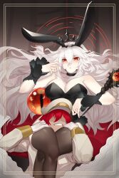 arbiter_the_hierophant_v azur_lane bunny_ears bunnysuit commander_(azur_lane) crown head_between_thighs pale_skin red_eyes red_hair siren_(azur_lane) tagme thighs unseen_male_face white_hair