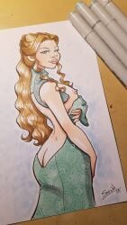 1girls a_song_of_ice_and_fire ass ass_cleavage breasts butt_crack dress female female_only game_of_thrones looking_at_viewer margaery_tyrell nipple_slip sarah_con_hache side_view solo undressing