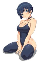 1girls 2023 bangs blue_eyes blue_hair blunt_bangs cleavage elun_(llelunlun) eyebrows_visible_through_hair female kneeling light-skinned_female light_skin looking_at_viewer marvelous medium_breasts midriff navel one-piece_swimsuit senran_kagura short_hair simple_background solo sweatdrop thick_thighs thighhighs white_background yozakura_(senran_kagura)