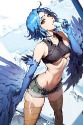 1girls ai_generated avian belly_button bird_girl bird_wings blue_feathers blue_hair blue_wings breasts brown_eyes clothed clothes feathered_wing feathered_wings female furr_app harpy hips looking_at_viewer lstt medium_breasts midriff monster_girl monster_musume monster_musume_no_iru_nichijou navel papi_(monster_musume) pettanko popsicle popsicle_in_mouth short_shorts shorts solo thighs underboob wide_hips wings