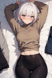 ai_generated ai_hands arms_up bed beige_sweatshirt black_leggings blue_eyes disheveled_hair embarrassed laying_down o^o short_hair white_hair