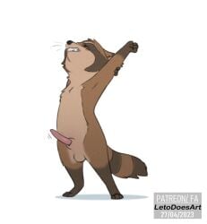 anthro balls closed_eyes erection genitals letodoesart male mammal penis procyonid raccoon rico_(letodoesart) solo stretching