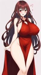 1girls ai_generated anything_diffusion big_breasts brown_hair clothing dezgo_ai female female_only huge_breasts open_mouth red_dress red_eyes thick_thighs wide_hips