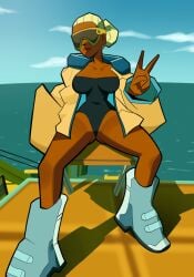 1girls african_female bomb_rush_cyberfunk breasts clothing dark-skinned_female dark_skin eyewear female footwear human leotard newguy1091 outerwear rise_(brc)