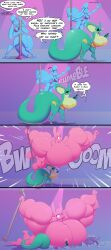 bikini blue_fur bunny_girl dialogue fluffy_(toonpower) furry green_scales large_breasts muscle_growth pink_fur sharp_teeth snake_girl stripper_pole suddenly_naked text tongue_out toonpower trixy_(toonpower) tuffy_(toonpower)