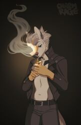 anthro burning canid canine canis charmrage cigarette clothing coyote healing_magic hi_res howard_moth jacket leather leather_clothing leather_jacket leather_topwear magic male mammal smoking smoking_cigarette solo topwear