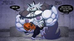 1girls big_muscles breasts breasts breasts_out candy dialogue extreme_muscles helluva_boss large_breasts loona_(helluva_boss) muscular_female text tits_out toonpower wolf_girl