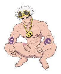 abs balls dick erection glans guzma_(pokemon) male muscular muscular_male naked pecs pectorals pokemon pose rub_lug tattoo team_skull white_hair