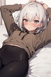 ai_generated arms_up bed beige_hoodie black_leggings blue_eyes breasts from_below laying_down short_hair small_breasts white_hair