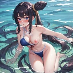 ai_generated areola areolae black_hair blue_eyes blush breasts fate_(series) nipples one_breast_out stable_diffusion ushiwakamaru_(fate) ushiwakamaru_(fate/grand_order)