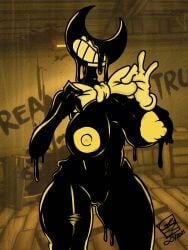 3:4 areola bendy_and_the_ink_machine bendy_the_dancing_demon big_breasts black_body bow_tie breasts clothing demon demon_humanoid eyeless female genitals ggez2341 gloves handwear hi_res huge_breasts humanoid ink ink_bendy ink_demon navel nipples nude pussy rule_63 smile solo thick_thighs white_clothing white_gloves white_handwear wide_hips yellow_areola yellow_nipples