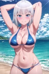 1girls ai_generated armpits arms_behind_head beach big_breasts bikini blue_eyes blush busty confident dumbbell_nan_kilo_moteru? gina_boyd grey_hair legs looking_at_viewer ocean pose posing sensual sexy_armpits short_hair smile solo thighs toned water