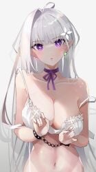 1girls belly belly_button bondage breasts chains cleavage elf elf_female emilia_(re:zero) enslaved_royal half_naked handcuffed handcuffs hips ishiiteru looking_at_viewer no_panties pastelu princess re:zero_kara_hajimeru_isekai_seikatsu sex_slave silver_hair slave slavegirl solo solo_female solo_focus standing strap_slip white_background white_bra