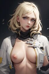 1girls ai_generated blonde_female blonde_hair blue_eyes braless breasts cute deadlock_(valorant) exposed_breasts female female_focus female_only looking_at_viewer medium_breast medium_breasts riot_games showing_breasts showing_off unzipped unzipped_jacket valorant