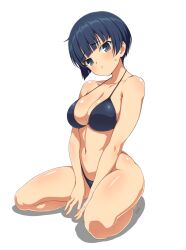 1girls 2023 bangs bikini blue_eyes blue_hair blunt_bangs cleavage elun_(llelunlun) eyebrows_visible_through_hair female kneeling light-skinned_female light_skin looking_at_viewer marvelous medium_breasts midriff navel senran_kagura short_hair simple_background solo sweatdrop thick_thighs white_background yozakura_(senran_kagura)