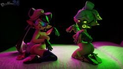 2girls 3d 3d_(artwork) ass ass_focus bottomless callie_(splatoon) corruption dochaunt24 gloves glowing glowing_eyes green_eyes high_heels highres hypno_shades_(splatoon) inkling kneeling looking_at_viewer marie_(splatoon) marie_(wo262) mask masked_female medium_breasts neon_lights octarian_tattoo octo_callie octo_marie splatoon splatoon_(series) splatoon_2 squid_sisters sunglasses tattoo tech_control tentacle_hair thick_thighs thigh_boots tinted_eyewear topless watermark