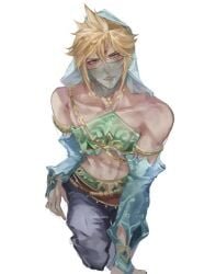 1boy arabian_clothes blonde_hair blue_eyes breath_of_the_wild charluiu cloud_strife crossover crossover_cosplay eyeshadow femboy final_fantasy final_fantasy_vii final_fantasy_vii_remake gay gerudo_link_(cosplay) girly light-skinned_femboy light-skinned_male light_skin link_(breath_of_the_wild) looking_at_viewer makeup male male_only swana_clothing the_legend_of_zelda trap twink yaoi