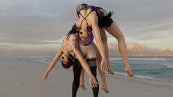 2girls 3d ahe_gao ayane_(doa) beach bikini carrying dead_or_alive dead_or_alive_5 defeated feet kasumi_(doa) kktzane knocked_out limp lingerie nier:_automata open_mouth over_the_shoulder ryona soles swimsuit toes unconscious upside-down white_eyes yorha_2b