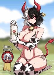 big_breasts bikini bovine cow_girl cowbell formicid heart-shaped_pupils milk milk_bottle mixed_hair_color red_eyes red_horns red_tail smile smiling smiling_at_viewer sweat sweating tail thick_thighs thighhighs touhou urumi_ushizaki ushizaki_urumi white_body yuuma_toutetsu