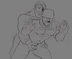 2boys anal anal_sex buff clothed demoman duo duo_focus eyepatch fucked_from_behind gay gay_sex grey_background hand_on_penis humping male male/male male_focus male_only muscular muscular_male no_color open_pants pecs pectorals penetration reach_around shirt shirt_lift sketch soldier_(team_fortress_2) team_fortress_2 thrusting thrusting_into_ass valve