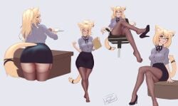 1girls ass big_ass big_butt blonde_hair butt cat_ears cat_tail catgirl crossed_legs red_eyes sitting skirt solo squchan_(vtuber) standing virtual_youtuber vyugen