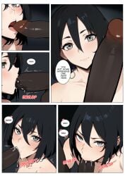 1boy 1girls 2023 absurd_res ai_generated attack_on_titan black_hair blowjob blowjob_face comic_panel dark-skinned_male deep_blowjob dialogue female hi_res huge_cock kisou looking_at_viewer male mikasa_ackerman monster_cock oral seductive_look shingeki_no_kyojin voluptuous_female