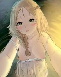 1girls atelier_(series) atelier_firis blush braid braided_hair breasts_out breasts_out_of_dress brown_hair dkoro female female_only female_protagonist firis_mistlud green_eyes hips legs long_hair looking_at_viewer medium_breasts mosaic_censoring night nipples open_mouth outdoor_nudity outside pov pussy reaching_out reaching_towards_viewer see-through see-through_dress shiny_hair shiny_skin solo thighs tongue water