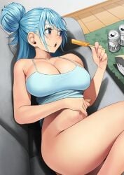 1girls aqua_(konosuba) blush bottomless female female_only izawa_(bhive003) kono_subarashii_sekai_ni_shukufuku_wo! no_panties open_mouth solo