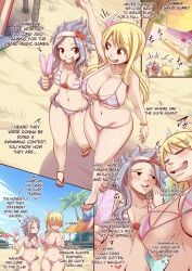 2girls artist_request beach bikini blonde_hair blue_hair blush blushing fairy_tail huge_breasts joshdinobarney levy_mcgarden lucy_heartfilia small_breasts