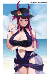 1girls alternate_costume arm_under_breasts azure_monarch bangs bare_midriff bare_shoulders bare_thighs beach beauty_mark blue_one-piece_swimsuit blue_swimsuit breasts cleavage collarbone day female female_only fire_emblem fire_emblem_engage fire_emblem_heroes hat ivy_(fire_emblem) large_breasts long_hair midriff mole mole_under_mouth nintendo ocean official_alternate_costume one-piece_swimsuit outdoors pink_eyes purple_hair see-through shoulders solo sun_hat sweat swimsuit thighs too_hot veil waving waving_hand