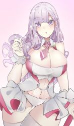 1girls azur_lane belly_button blush breasts cleavage eyebrows_visible_through_hair female female_only flowers_in_hair huge_breasts kive_(kive03) light-skinned_female light_skin necktie pink_eyes pink_hair pink_necktie plymouth_(azur_lane) royal_navy_(azur_lane) solo