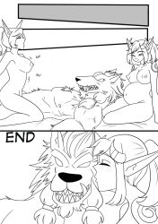 1boy 2girls alori big_breasts blizzard_entertainment blood_elf comic comic_page cowgirl_position dialogue horns interspecies line_art original_character ponytail pregnant rae samelodii sex tattoo vaginal_penetration vaginal_sex warcraft worgen world_of_warcraft zoophilia