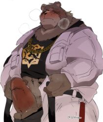 2023 anthro balls bear ben_(zenless_zone_zero) ben_bigger blush bottomwear clothing erection genitals hi_res humanoid_hands hyaku_(artist) kemono male male_only mammal mihoyo overweight overweight_male pants penis scar shirt solo topwear underwear zenless_zone_zero