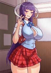 07th_expansion alternate_breast_size big_breasts big_thighs cleavage embarrassed eua_(higurashi_no_naku_koro_ni) featherine_augustus_aurora hime_cut looking_at_viewer purple_eyes purple_hair school_uniform tagme toshiaki1277 umineko_no_naku_koro_ni v when_they_cry