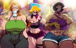 abs alex_(totally_spies) armpits blonde_hair blue_eyes clothing clover_(totally_spies) dark_skin eyewear female huge_ass huge_breasts human lips midriff muscular_female navel osmar-shotgun pale_skin red_head revealing_clothes sam_(totally_spies) thick_thighs totally_spies wide_hips