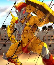 abs anthro armor arrows bandai_namco blood bodily_fluids bulge clothing digimon digimon_(species) genitals gladiator hi_res iudicium86 male male_only melee_weapon muscular nipples penis penis_base shield solo sweat sword thong underwear vein veiny_penis wargreymon warrior weapon