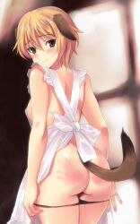 1girls animal_ears animal_tail ass black_lingerie black_panties blonde_hair blush brave_witches brown_eyes female female_only happy indoors kyogoku_shin legs looking_at_viewer looking_back_at_viewer medium_breasts naked_apron pulling_down_panties red_ass shiny_hair shiny_skin short_hair sideboob slap_mark smile solo spanked thighs waltrud_krupinski world_witches_series