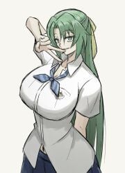 07th_expansion alternate_breast_size big_breasts green_eyes green_hair higurashi_no_naku_koro_ni school_uniform shion_sonozaki tagme toshiaki1277 v when_they_cry