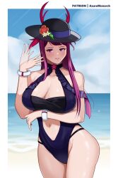 1girls alternate_costume arm_under_breasts azure_monarch bangs bare_midriff bare_shoulders bare_thighs beach beauty_mark blue_one-piece_swimsuit blue_swimsuit breasts cleavage collarbone day female female_only fire_emblem fire_emblem_engage fire_emblem_heroes hat ivy_(fire_emblem) large_breasts long_hair midriff mole mole_under_mouth nintendo ocean official_alternate_costume one-piece_swimsuit outdoors pink_eyes purple_hair see-through shoulders solo sun_hat sweat swimsuit thighs too_hot waving waving_hand