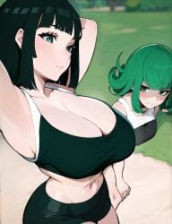 2023 2girls absurd_res ai_generated armpits arms_up breast_envy close-up esper_sisters female female_only fubuki_(one-punch_man) green_hair hi_res jogging kisou light-skinned_female light_skin looking_at_viewer multiple_girls one-punch_man pale-skinned_female pale_skin seductive_look short_hair tatsumaki voluptuous voluptuous_female