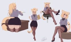 1girls ass blonde_hair cat_ears cat_tail catgirl red_eyes sitting skirt solo squchan_(vtuber) standing virtual_youtuber vyugen